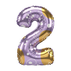 Shiny festive number two foil balloon in shimmering purple and gold, adorned with playful polka dots and elegant swirls, ideal for birthday parties and milestone celebrations