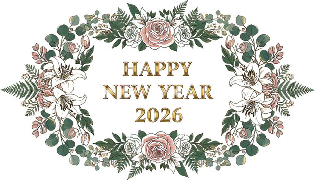 Happy new year 2026 floral flowers roses lilies eucalyptus ferns holiday