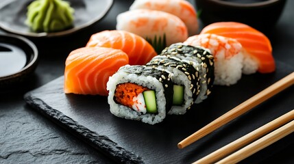 Authentic Japanese sushi rolls arranged dark slate board with soy sauce wasabi chopsticks and seaweed background no faces restaurant lighting