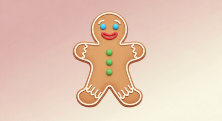 Cute gingerbread man cookie with blue eyes and red smile decorated with green candy buttons against a soft pink gradient background for holiday baking concept