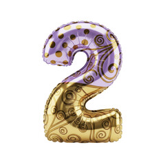 Luxurious golden and regal purple number 2 metallic foil balloon, adorned with decorative baroque scrollwork, perfect for birthday celebrations, anniversaries, or milestone events