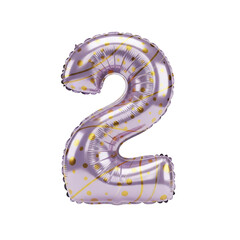 Shiny lavender number 2 foil balloon with gold polka dots and striped pattern, perfect for celebrating a second birthday, anniversary, or special event, isolated on white background