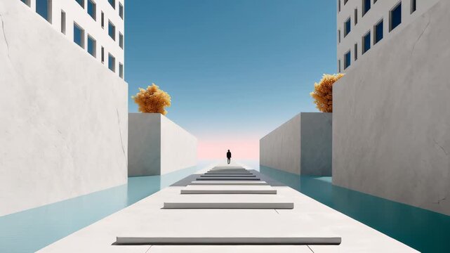 Individual walking along a serene pathway between modern architectural structures, with tranquil water reflections and vibrant trees, showcasing a peaceful journey, camera follows the subject