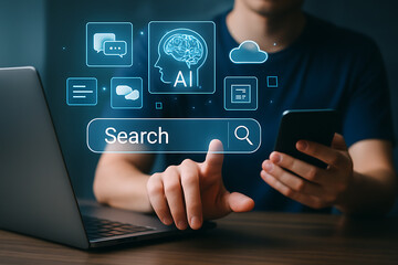 Modern digital concept of AI search assistant with glowing holographic icons symbolizing innovation communication and knowledge