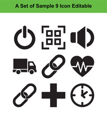 Set of nine black icons power sound truck link heart clock cross button