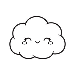 Cute sleeping cloud cartoon character. Kawaii doodle with a happy smiling face and closed eyes. Simple black and white vector illustration for kids, isolated on white background.
