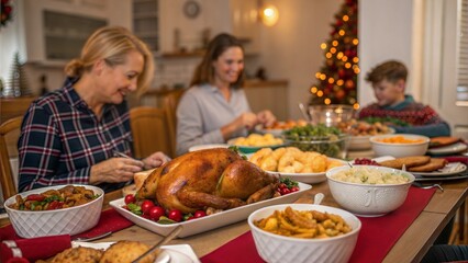 Table of roast turkey and food in christmas and new year party of American family at home, family member enjoy home made turkry grill dining togather in house