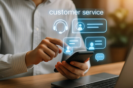 Person using smartphone with glowing digital customer service icons representing online communication and client support