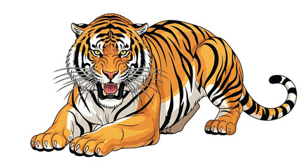 Obraz premium Dynamic vector illustration of a majestic wild tiger in an aggressive pose, its powerful roar and intense gaze capturing the essence of strength and predatory grace in nature