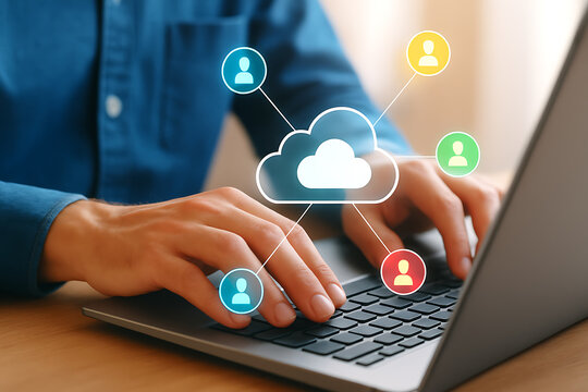 Professional working on laptop with glowing digital cloud and connected people icons symbolizing online collaboration and teamwork