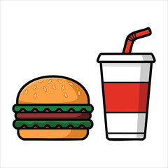 Juicy beef burger and refreshing cold beverage meal isolated vector illustration on white background