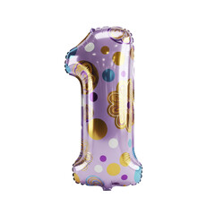 Purple Number 1 Balloon Decorated with Gold and Blue Polka Dots and Floral Patterns