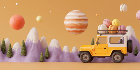 Yellow toy car with macarons on roof travels through whimsical landscape with floating planets and purple mountains, evoking sense of adventure and curiosity