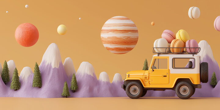 Yellow toy car with macarons on roof travels through whimsical landscape with floating planets and purple mountains, evoking sense of adventure and curiosity