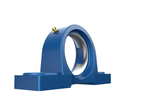 Blue pillow block bearing unit with housing and grease fitting, essential industrial mechanical component, isolated high-resolution 3D rendering on a PNG Transparent HD Background.