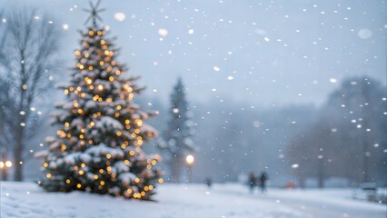 blurred christmas tree, snow, christmas, background