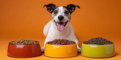 Happy dog with joyful expression is enjoying nutritious kibble from colorful food bowls, set against vibrant orange background