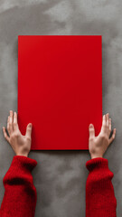 Person wearing red sweater holds blank red poster against textured concrete background, creating striking contrast