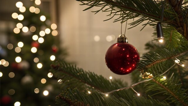 Close up background image of single red ornament on Christmas tree with twinkling lights, copy space