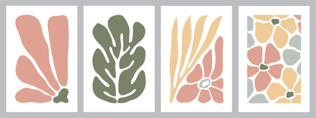 Abstract Naive Floral Posters Set with Daisy Flowers and Leaves . Modern Botanical Prints in Contemporary Minimal Style. Trendy Groovy Vector Illustration in Bright Yellow, Blue, Pink Colors