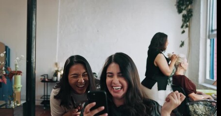 Woman, hairdresser and excited at salon, phone or surprise with notification for online giveaway at small business. People, smartphone and happy with app, grooming or prize on web at beauty parlor