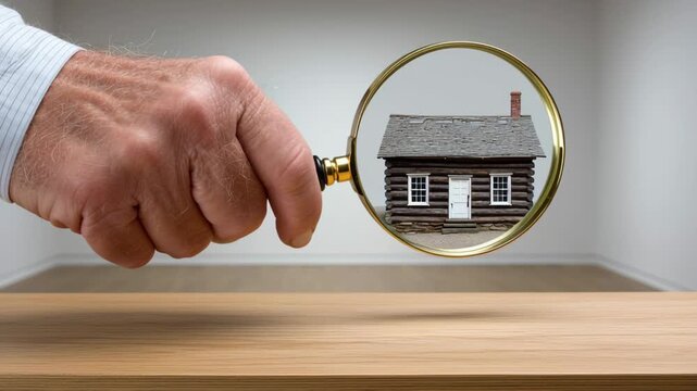 Hand holding magnifying glass reveals detailed miniature log cabin on wooden table, showcasing intricate design elements, camera zooms in for enhanced visual clarity and focus on craftsmanship