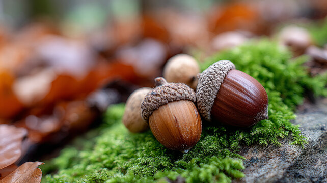 Acorns resting on green moss with autumn leaves in background.
