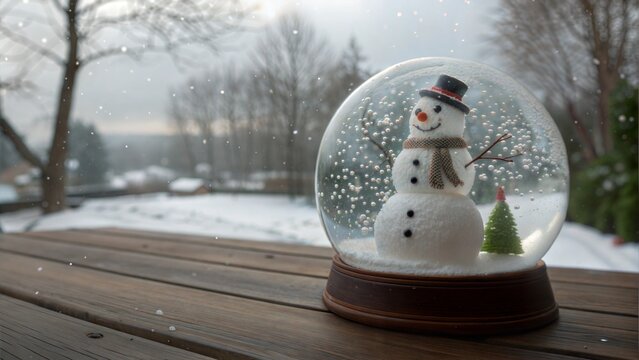 A snowstorm is present while a snowman is depicted in a glass Christmas globe.