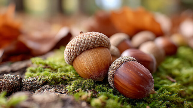 Close-up of acorns and moss in a serene autumn forest scene.