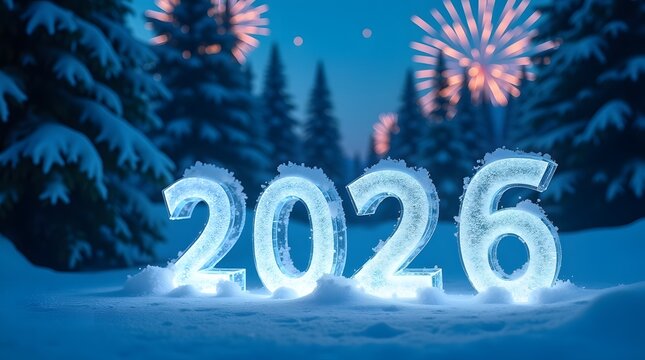 Sparkling 2026 new year design with snowy forest and fireworks, perfect for elegant winter, theme new year - Powered by Adobe