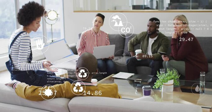 Presenter flipping and gesturing causing CO2 charts and icons showing sustainability data for team