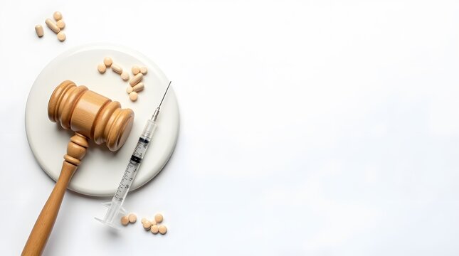 Legal battle for healthcare solutions a gavel with injection and pills representing medical litigation and pharmaceutical accountability