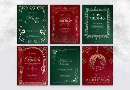 Luxury Christmas Invitation Greetings Card & Flyer Poster Set in Festive Red Gold Green Hues with Elegant Retro Vintage Frames & Ornaments