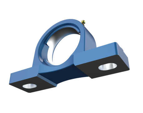 Blue pillow block bearing unit with housing and grease fitting, essential industrial mechanical component, isolated high-resolution 3D rendering on a PNG Transparent HD Background.