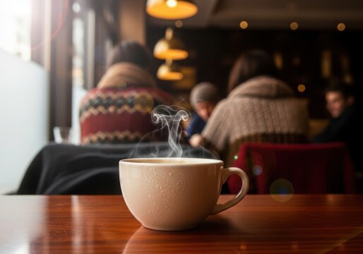 Steaming hot coffee in a ceramic cup on a polished wooden table in a cozy cafe, with blurred patrons in the background, creating a warm and inviting ambiance - Powered by Adobe