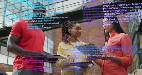 Team of three gesturing with tablet, initiating code overlay, exchanging docs, reviewing tech plan - Powered by Adobe