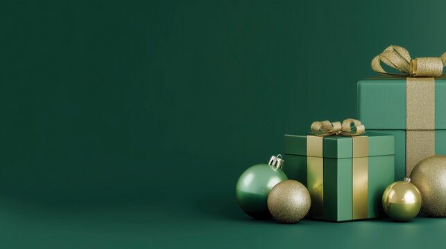 Dos cajas de regalo por Navidad y bolas decorativas de navidad sobre fondo verde, postal para dise&ntilde;os con espacio vac&iacute;o