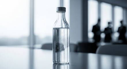 Bottle of water with condensation on a table in a modern office, with blurred business people, symbolizing hydration and a professional environment