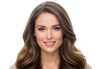 A woman with long, wavy brown hair smiling at the viewer, beautiful, brunette, curl, hair, portrait, smile, white, woman 