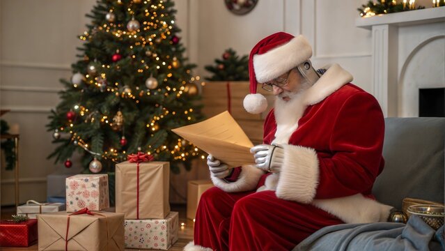 Humanoid AI robot Santa Claus reading letters at home and preparing for Christmas