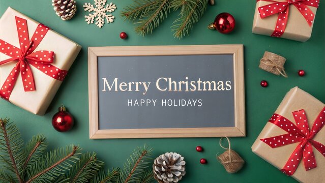 Merry Christmas and Happy Holidays greeting card, frame, banner. New Year. Noel. Christmas gifts red ribbons, ornaments on green background top view. Winter holiday xmas theme. Flat lay.