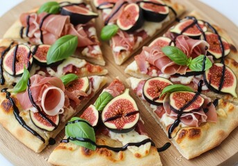 Gourmet fig and prosciutto pizza sliced on a wooden board, drizzled with balsamic glaze and garnished with fresh basil leaf