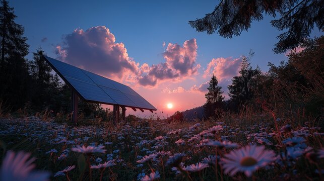 Cinematic landscape of a photovoltaic solar panel generating energy in a field of daisies with a dramatic pink and purple sunset sky.