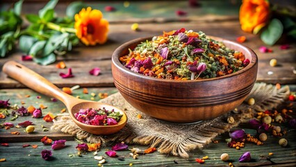 Bowl of dried herbs and flower petals with wooden spoon