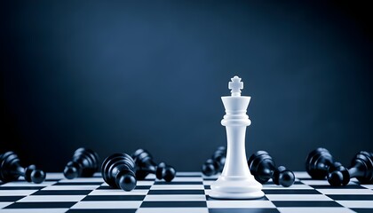 Lone white king stands victorious on chessboard surrounded by fallen black pieces