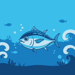 Obraz premium A vibrant cartoon illustration of a blue tuna fish swimming gracefully in the deep ocean amidst bubbles and stylized waves.