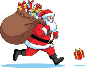 Running Santa Claus Rushing to Deliver Christmas Presents, Carrying Oversized Sack of Gifts and Dropping One Box, Holiday Vector Illustration