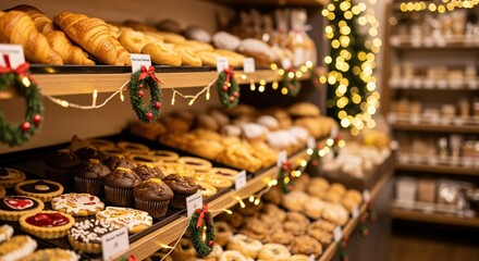 Festive Christmas bakery display with a wide assortment of freshly baked pastries, croissants, muffins, and holiday cookies, illuminated by warm string lights.