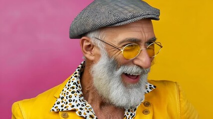 Elderly man with stylish gray beard and yellow sunglasses smiles joyfully, showcasing vibrant fashion in a colorful setting, camera pans smoothly to capture his cheerful expression