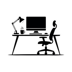 Modern Office Desk Vector Icon with Computer, Chair, Workspace Setup outline icon on white background flat vector illustration.